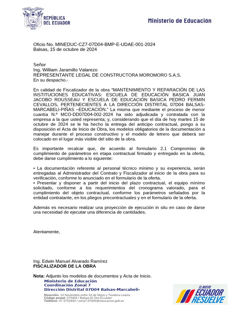 Acta de Inicio de Obra Educativa 2024 | PDF