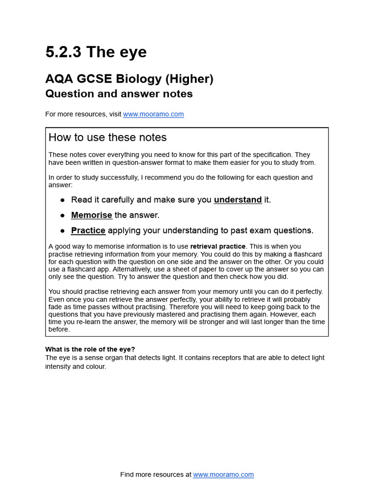5.2.3 The Eye - AQA GCSE Biology Question and Answer Notes | PDF | Eye ...
