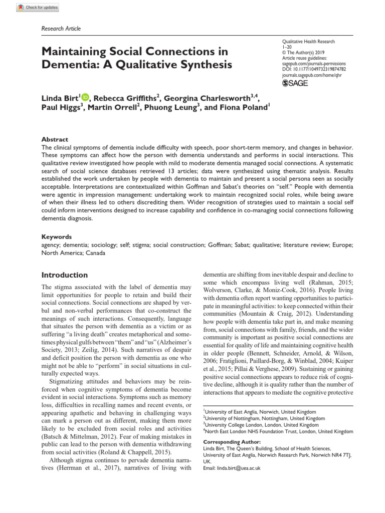 Maintaining Social Connections in Dementia A Qualitative Synthesis ...