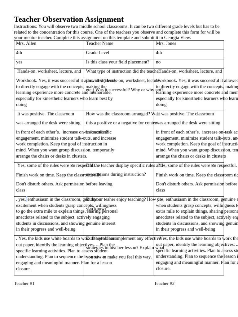 Teacher Observation Assignment | PDF | Classroom | Teachers