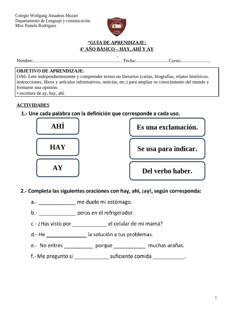 Uso de Hay, Ahí y Ay en 4° Básico | PDF