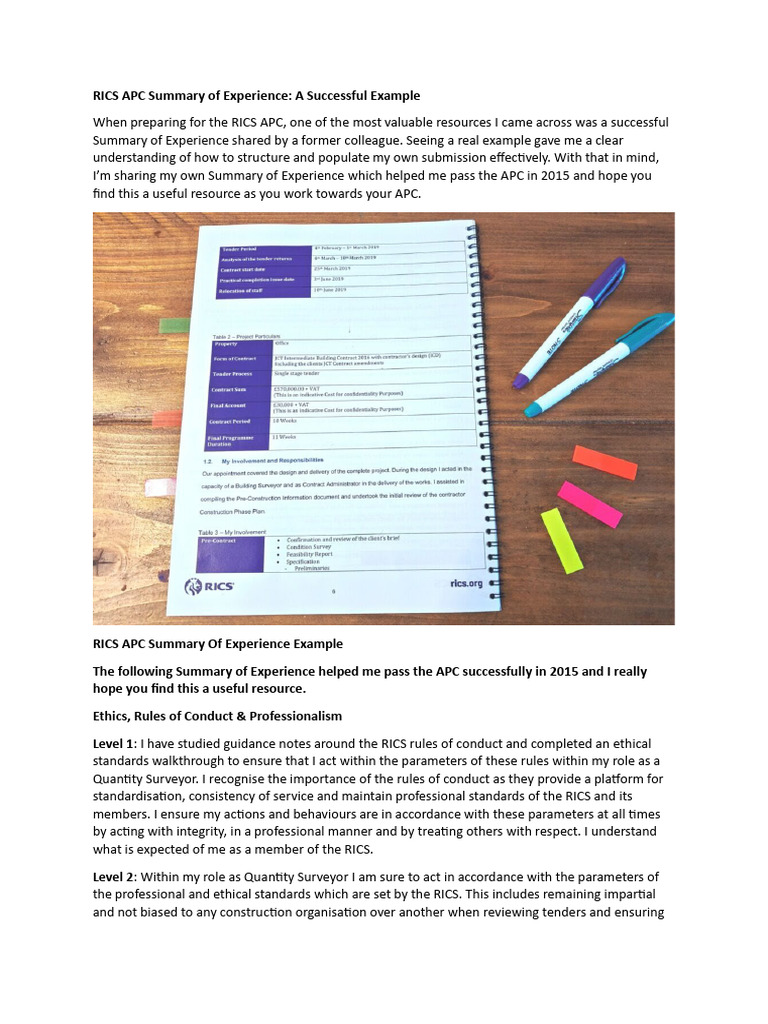 RICS APC Summary of Experience Guide | PDF | Business