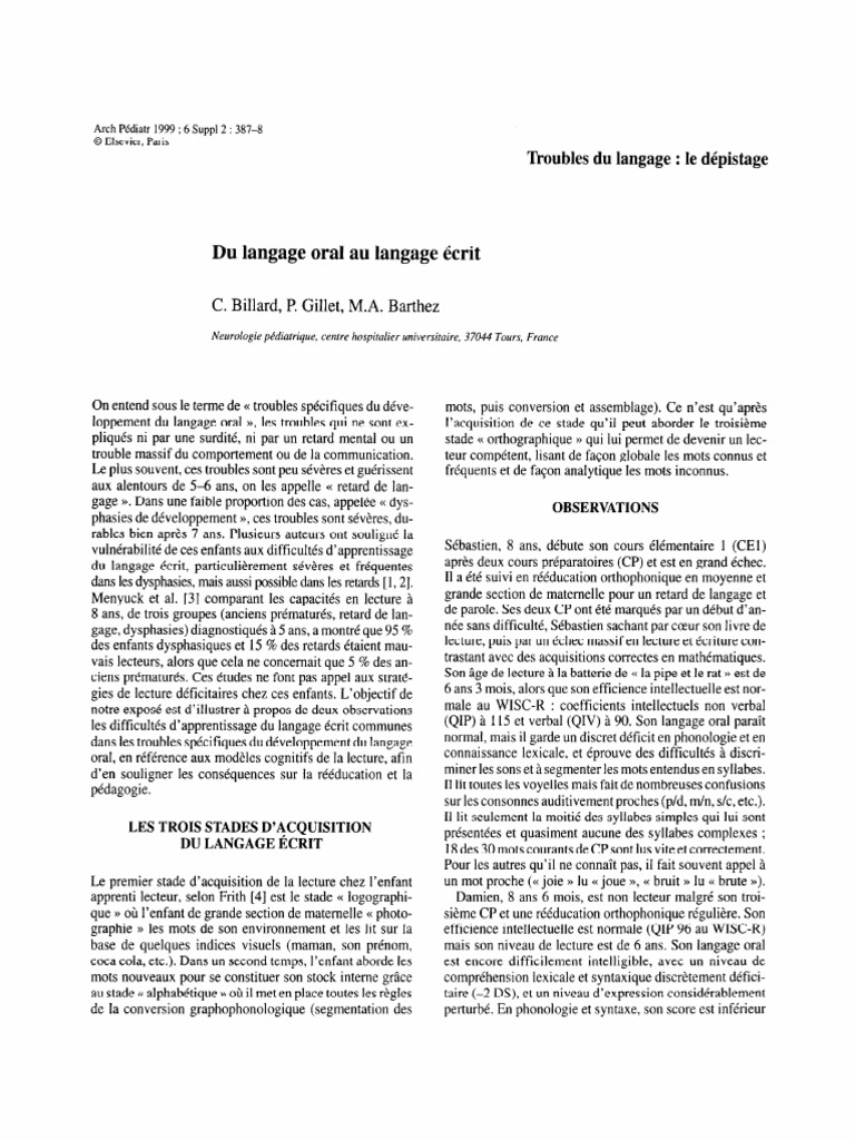 Troubles du langage et apprentissage de la lecture | PDF | Psychologie ...