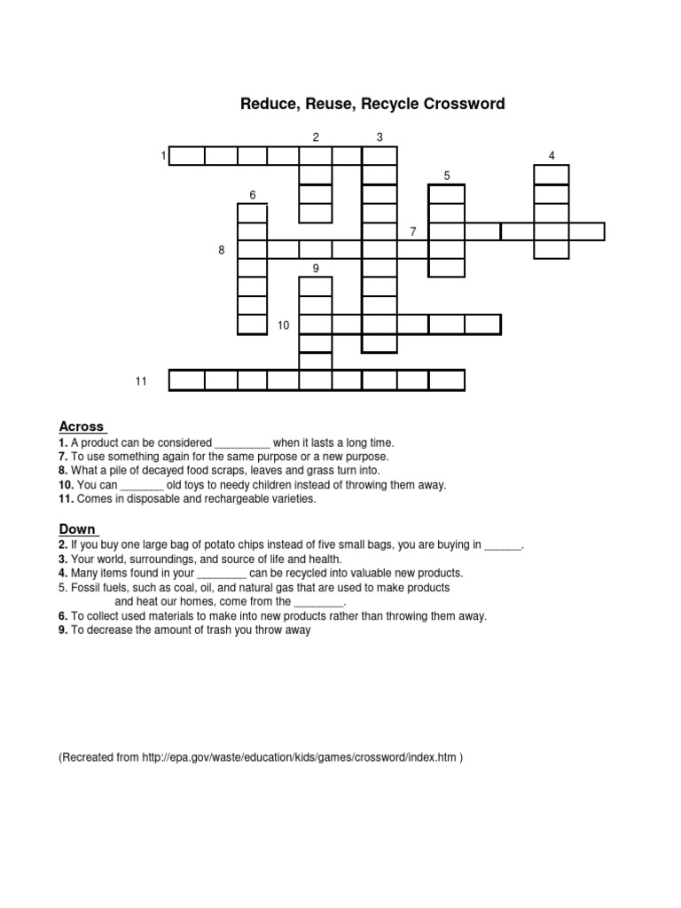 Crossword_Reduce_Reuse_Recycle_with_Answers_ENG2 (1) | PDF | Recycling ...