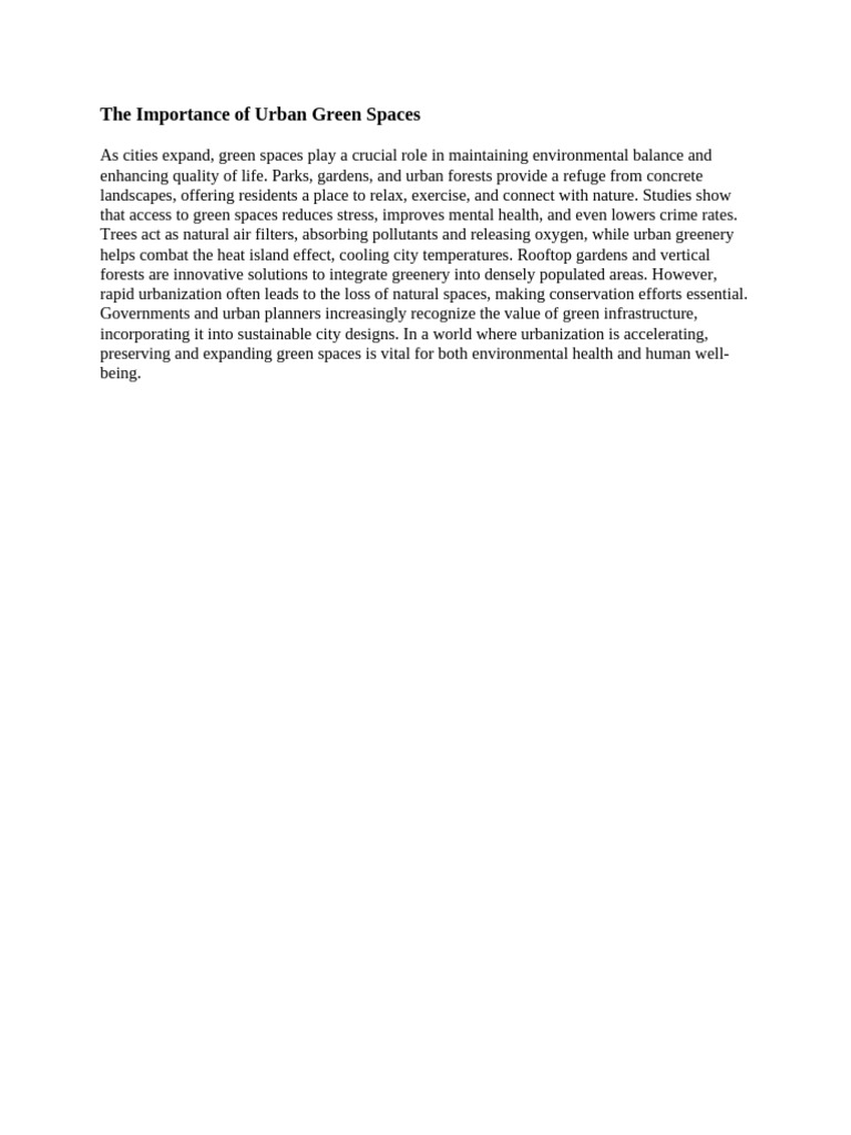 Benefits of Urban Green Spaces | PDF
