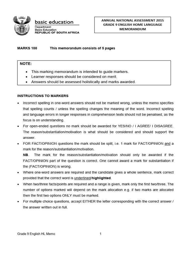 2015 Grade 9 English Hl Memo Pdf English Language Poaching