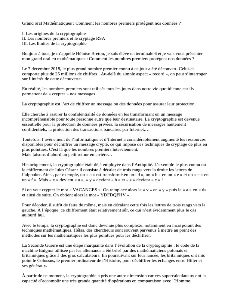 Grand Oral MATHS | PDF | Cryptage | Cryptographie