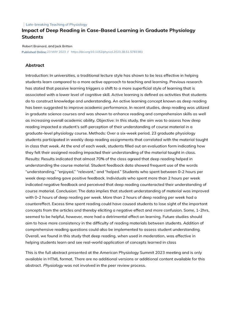 Impact of Deep Reading in Case Based Learning in Graduate Physiology ...