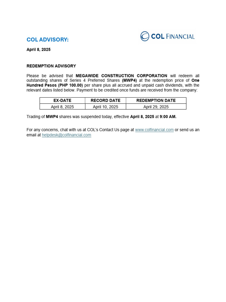 MWP4 Preferred Shares Redemption Notice | PDF | Preferred Stock | Business