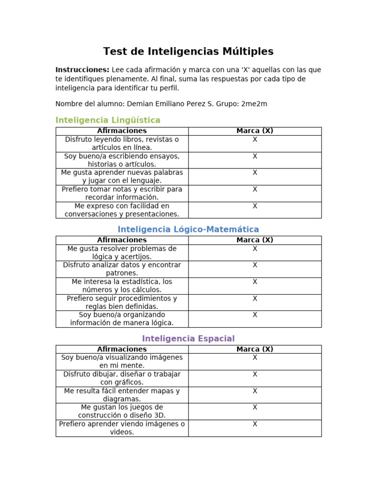Test Inteligencias Multiples Formato Amigable | PDF | Inteligencia ...