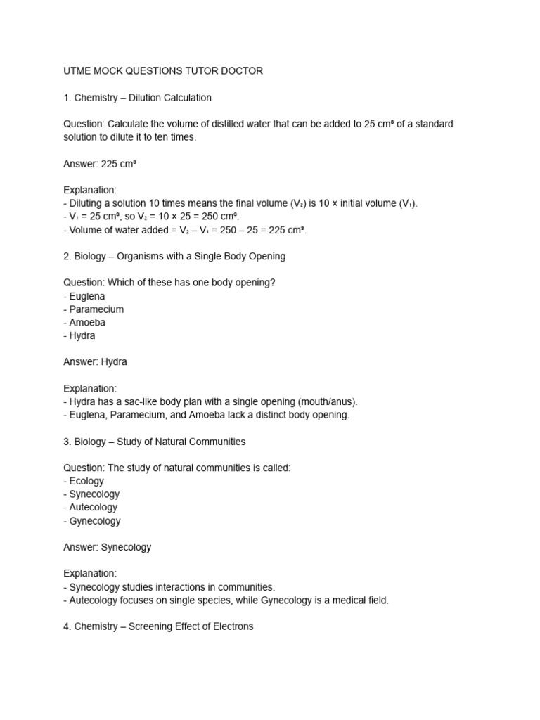 UTME Mock Questions Overview | PDF | Dominance (Genetics) | Chemistry