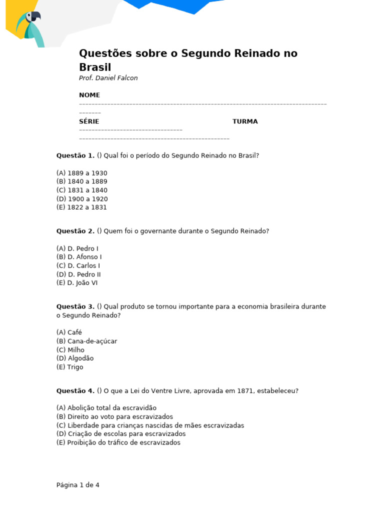Questões sobre o Segundo Reinado | PDF | Brasil | Escravidão