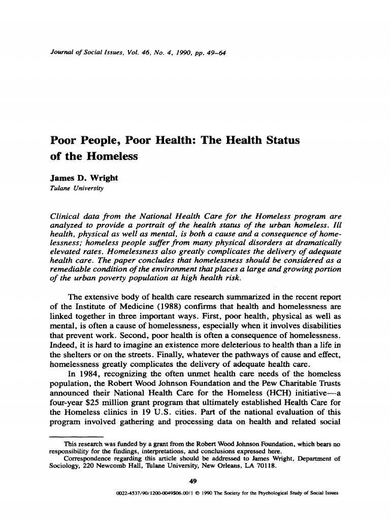 Health Risks of the Urban Homeless | PDF | Homelessness | Chronic Condition