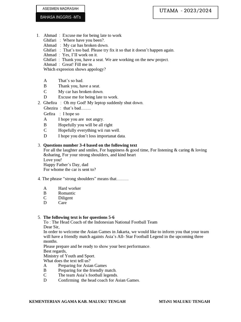 Soal Bahasa Inggris 2024 | PDF | Sugar | Diet & Nutrition