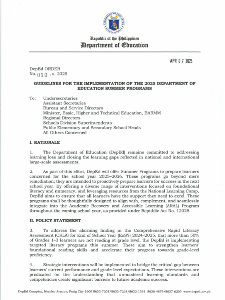 DO s2025 010 Guidelines On Summer Programs | PDF