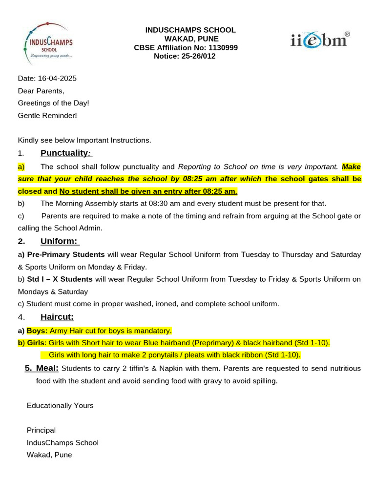 Important Instructions for Parents 2025-26 | PDF