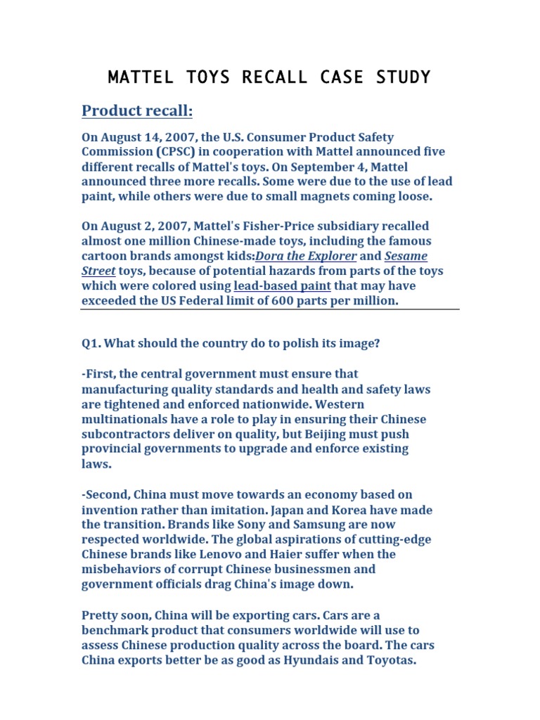 Mattel Toys Recall Case Study PDF China World Politics