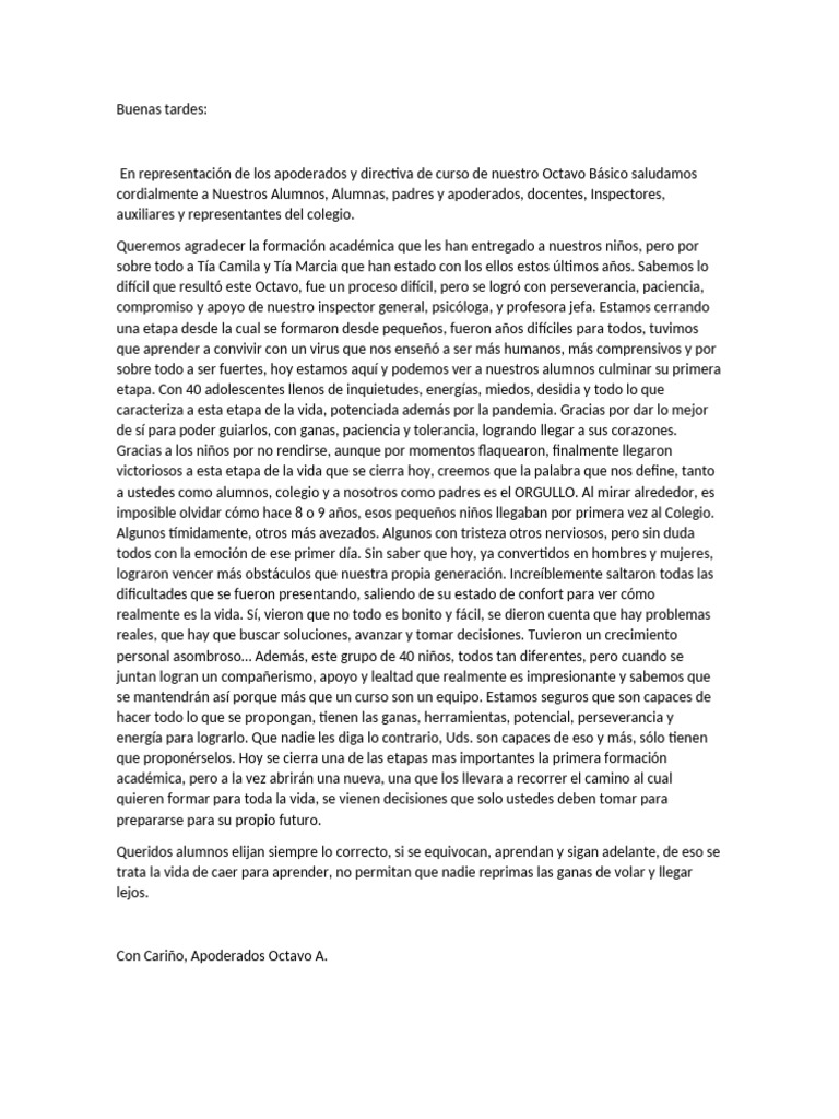 Mensaje de despedida a Octavo Básico | PDF