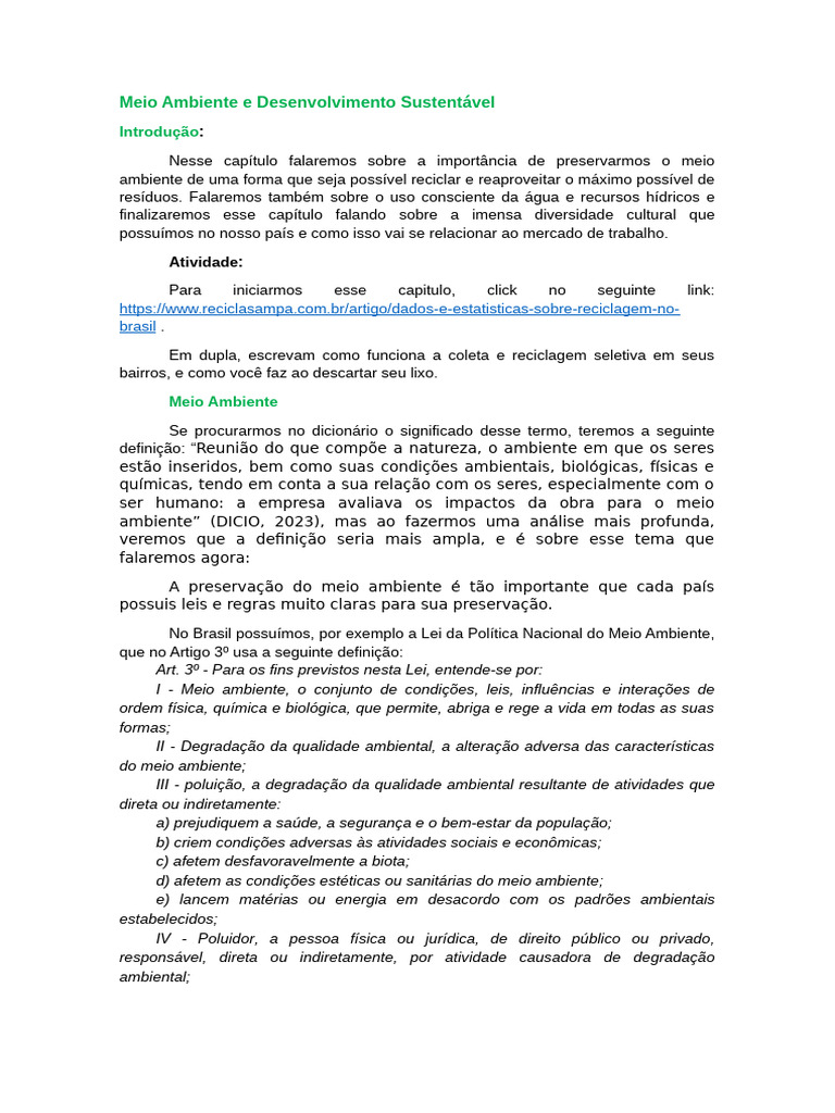 Preservação do Meio Ambiente no Brasil | PDF | Ambiente natural ...