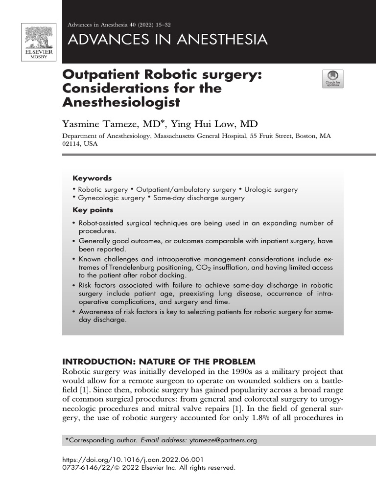 Outpatient Robotic Surgery Considerations For The An 2022 Advances in ...