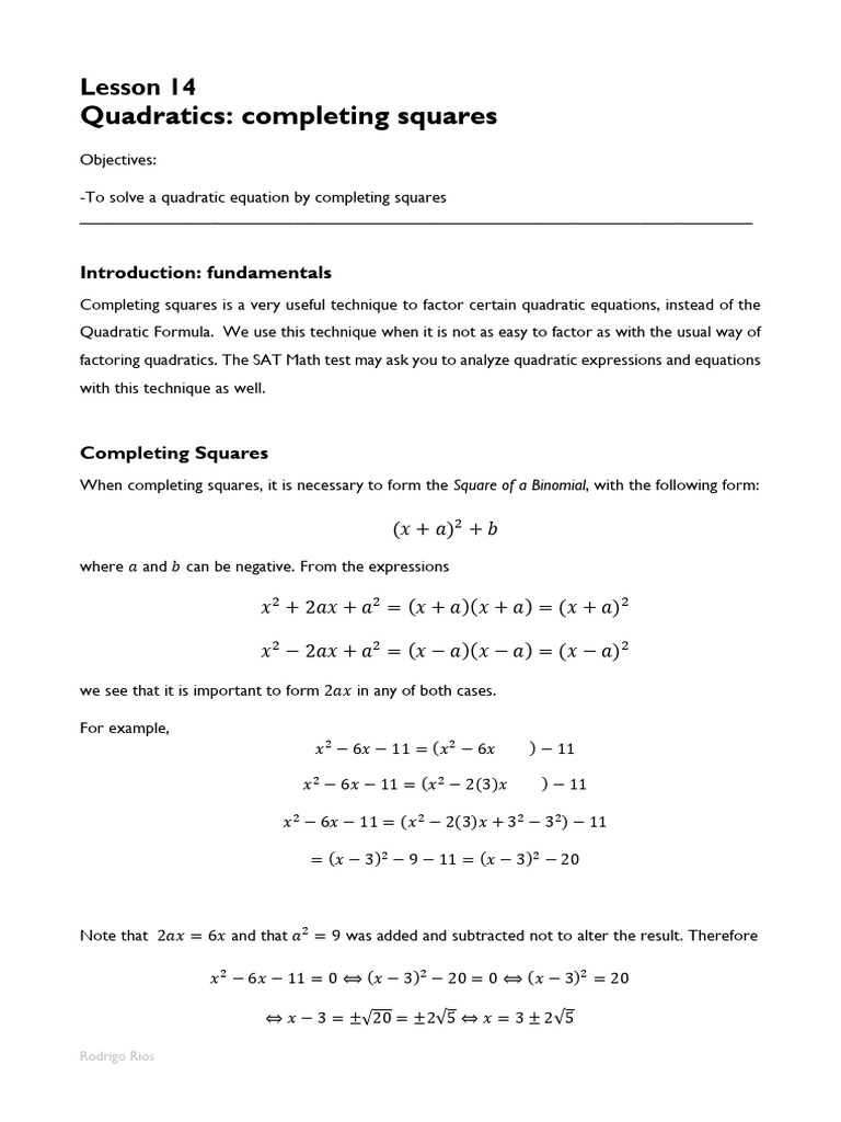 Lesson 14 - Completing Squares (ADM 5) | PDF