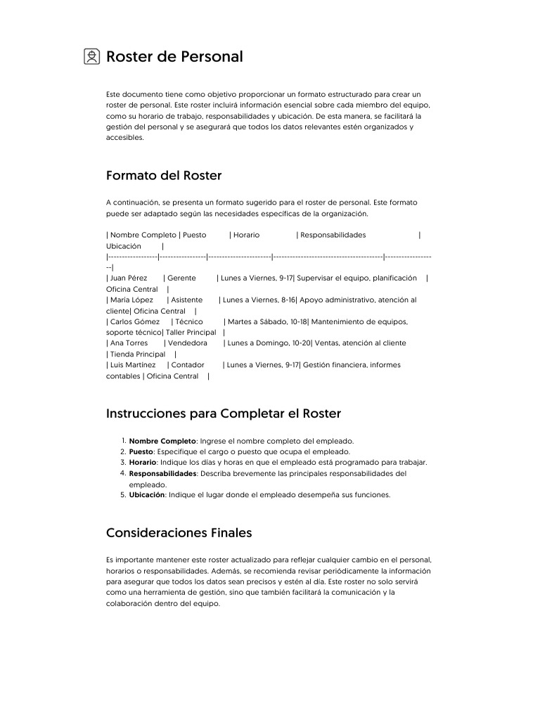 Formato de Roster de Personal | PDF