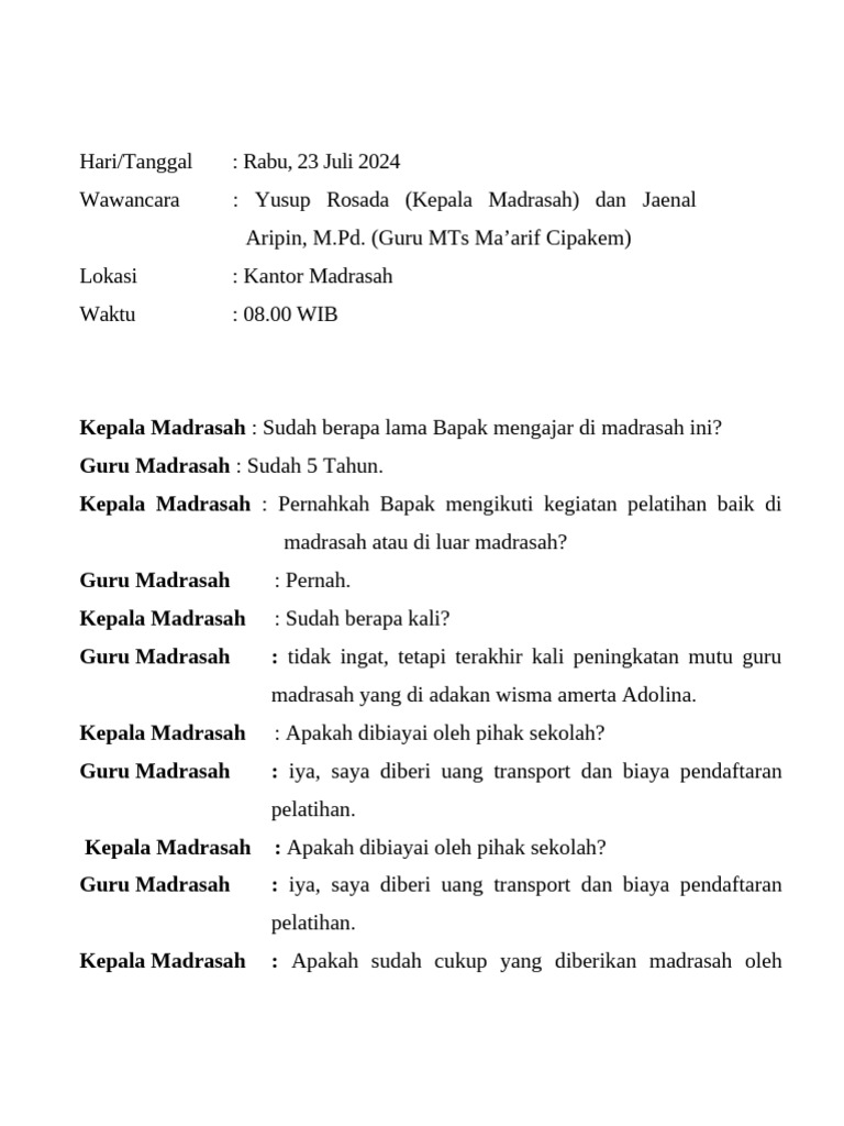 Wawancara Guru MTs: Pelatihan dan Pengembangan | PDF