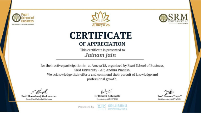 Jainam Jain E-Certificate From SRM University AP | PDF