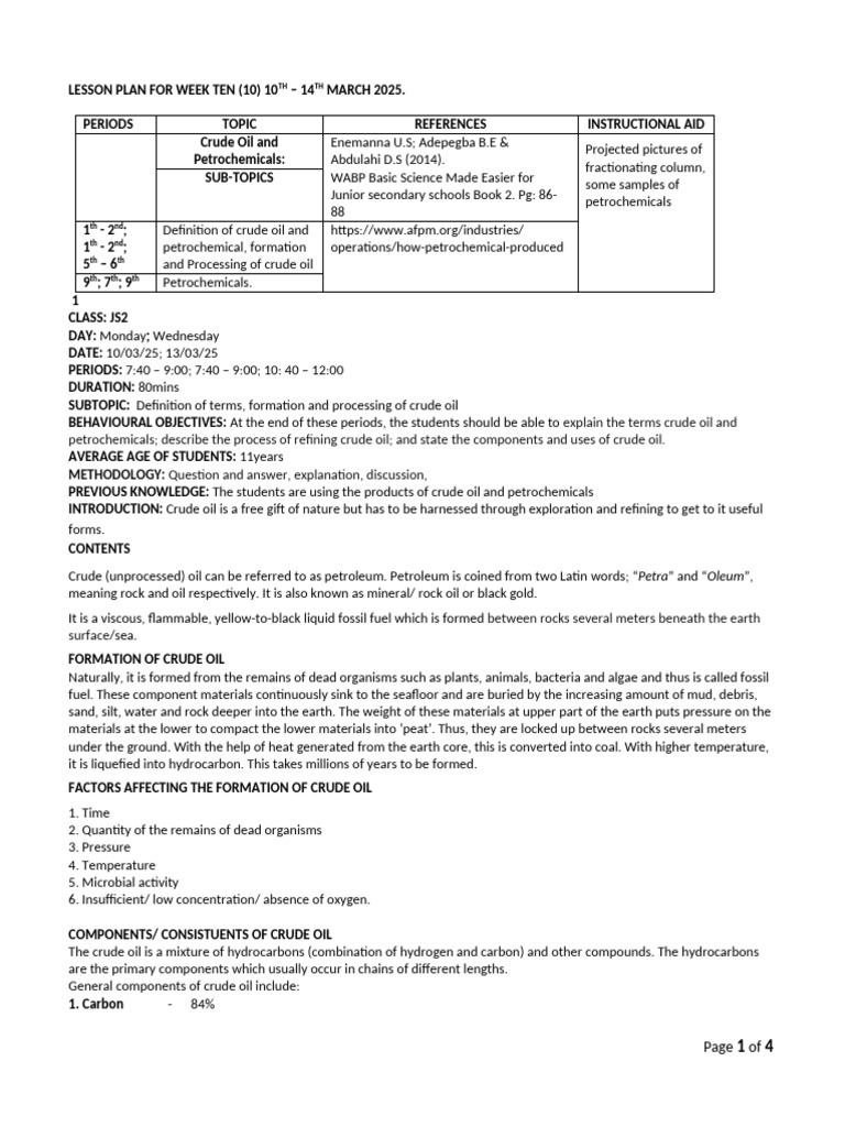 Crude Oil and Petrochemicals Lesson Plan | PDF | Petroleum | Oil