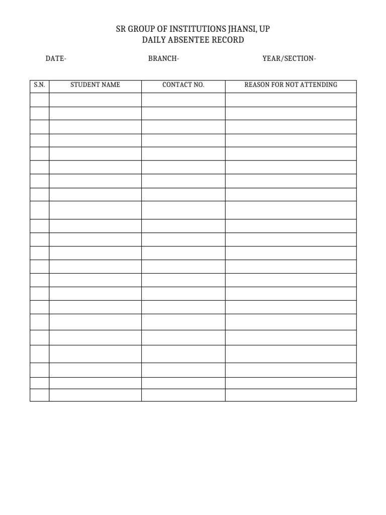 Daily Absentee Record Sr Group Jhansi Pdf