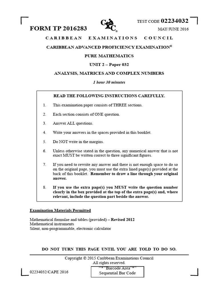 Cape Pure 2016 Unit 2 Paper 03 With Solutions | PDF | Mathematical ...
