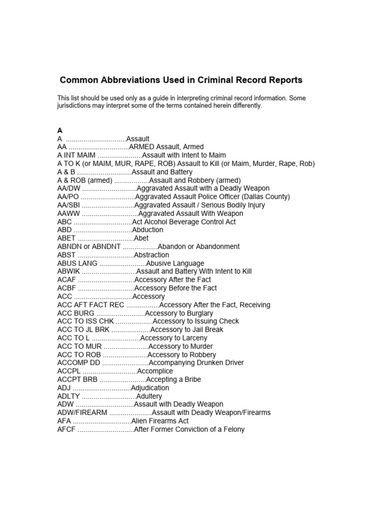 Common Criminal Record Abbreviations | PDF | Assault | Burglary