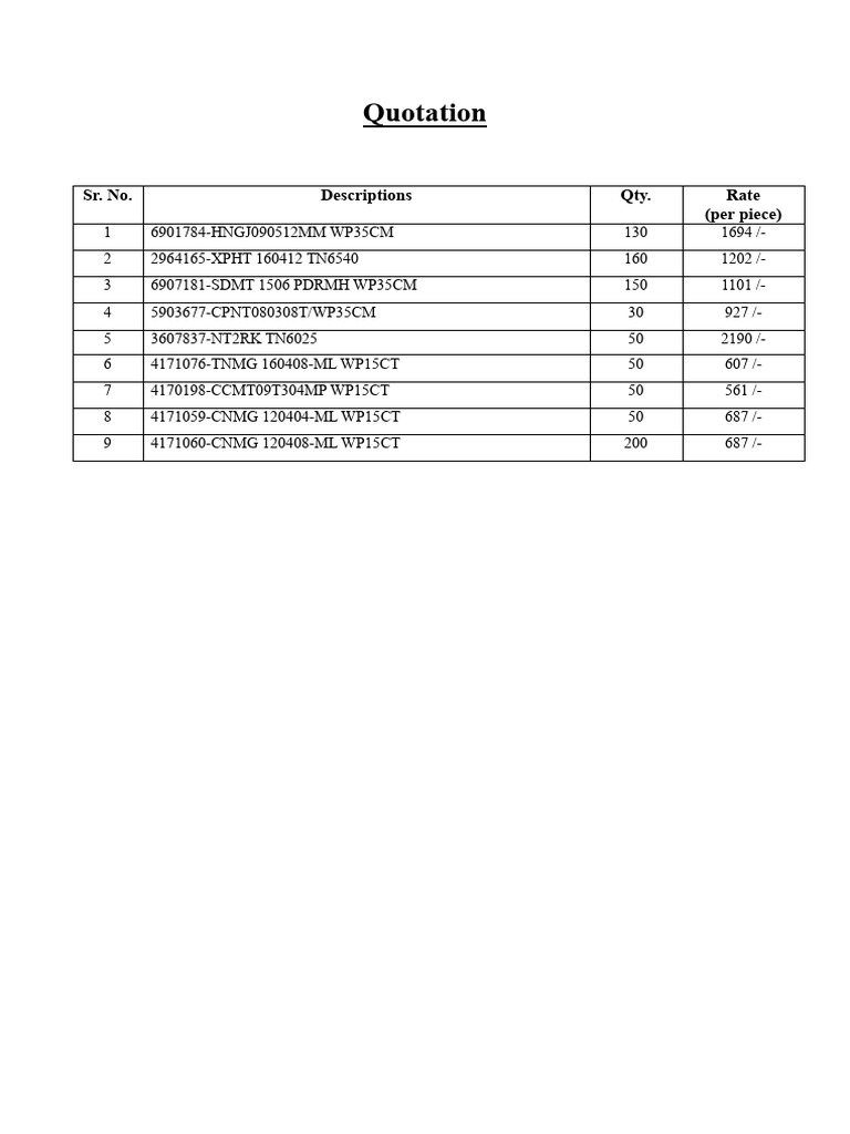 Detailed Quotation for Industrial Parts | PDF