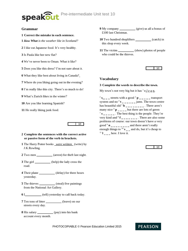 Pre-Intermediate Unit Test 10 | PDF