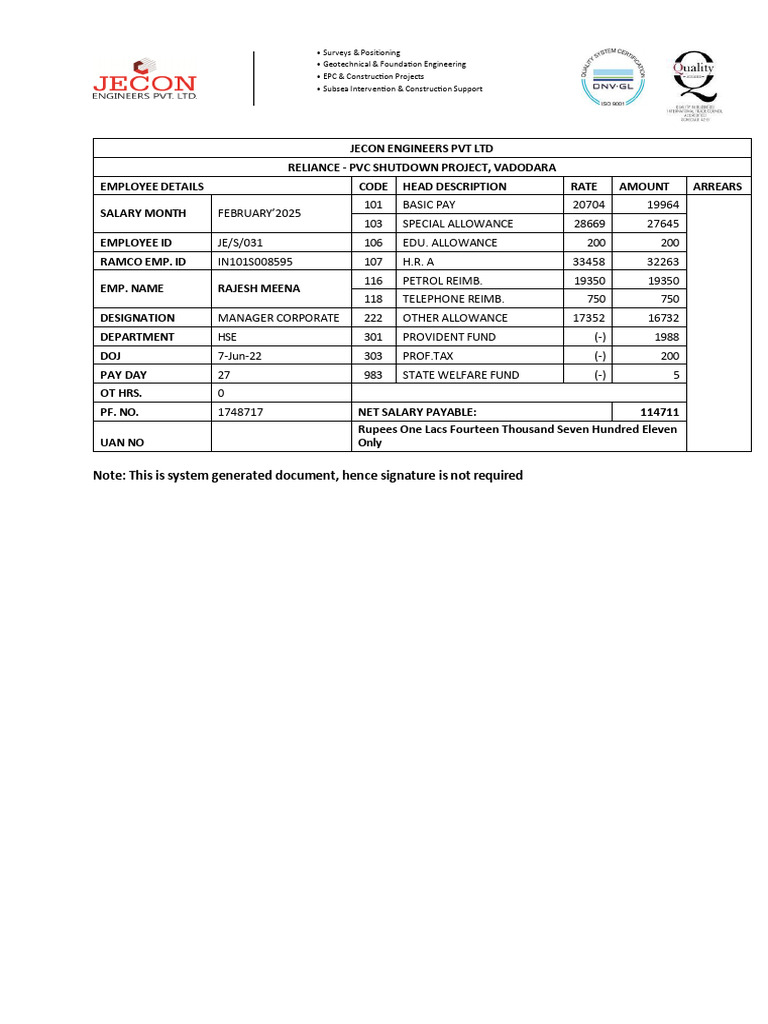 February 2025 Salary Slip - JECON Engineers | PDF