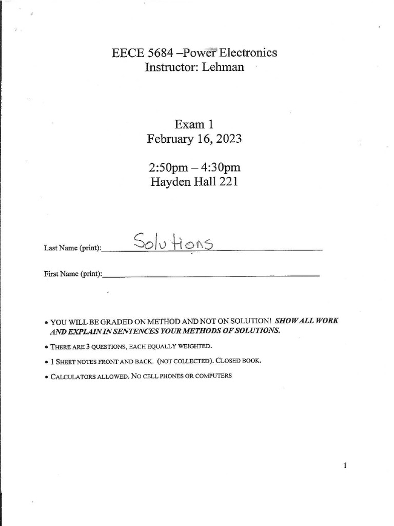 Solns Test 1 Power Electronics Sp23 | PDF