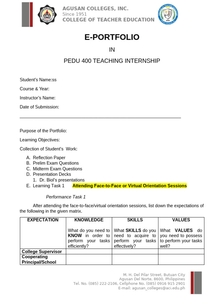 Teaching Internship Portfolio at Agusan Colleges | PDF | Educational ...