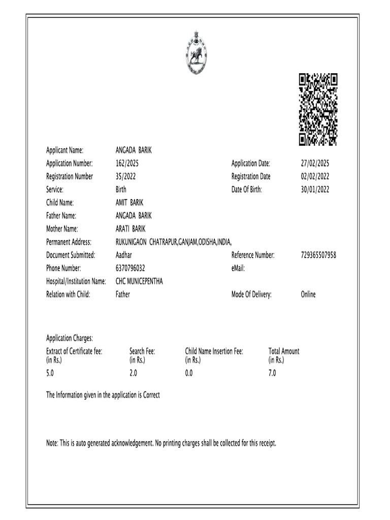 Angada Birth Certificate | PDF