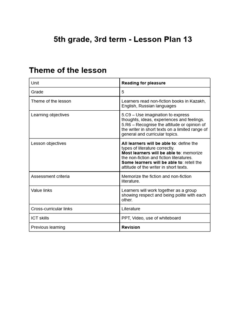 5th Grade Reading Lesson Plan 13 | PDF | Learning | Vocabulary