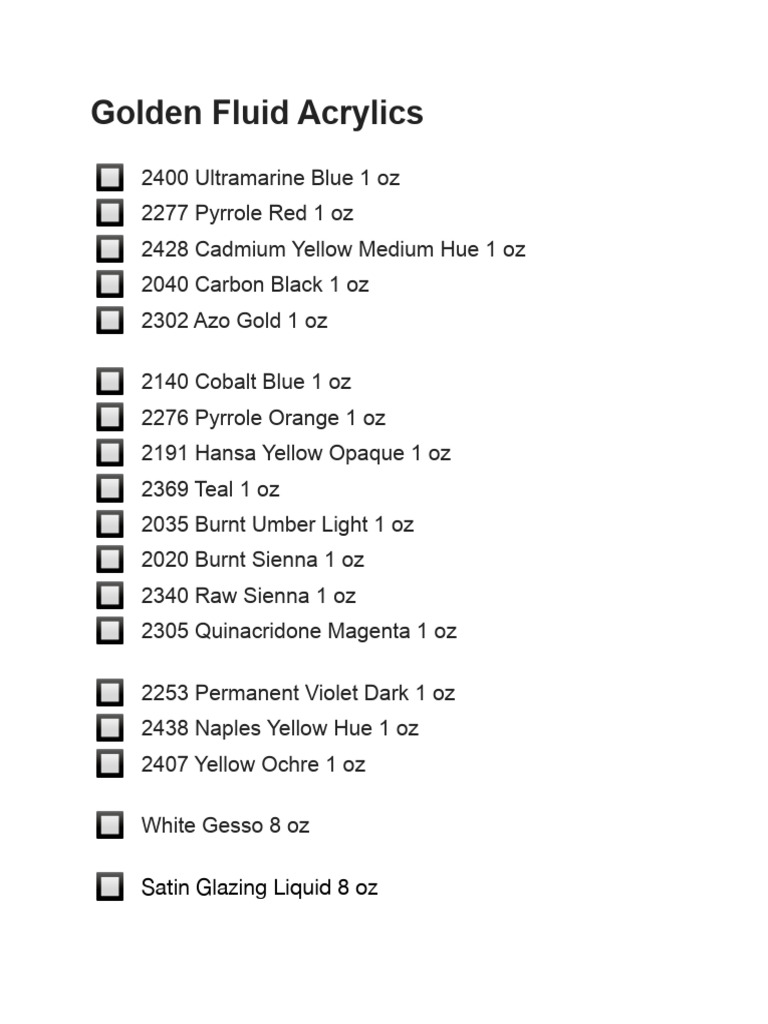 Golden Paints List PDF