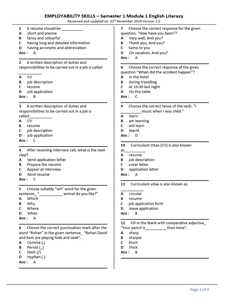 Employability Skills: English Literacy Module | PDF | Résumé | English ...