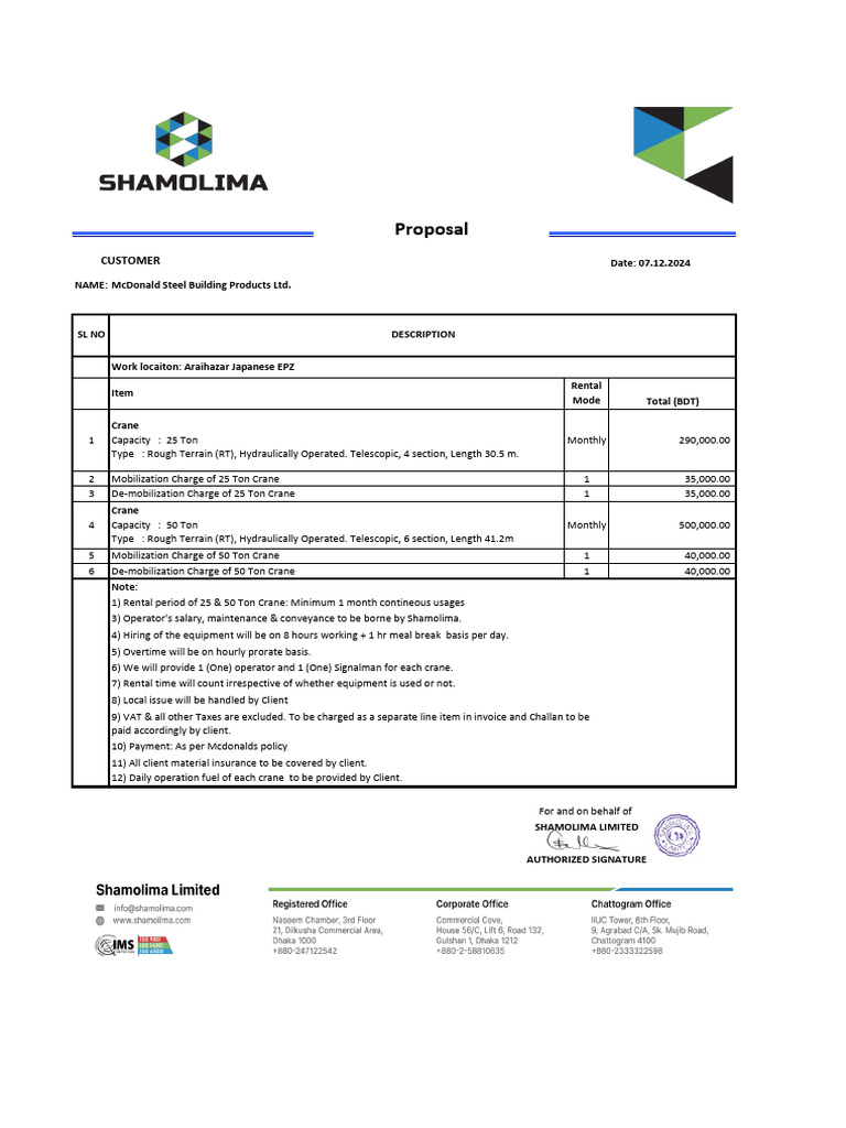 Crane Rental Proposal for Shamolima Ltd. | PDF | Crane (Machine) | Payments