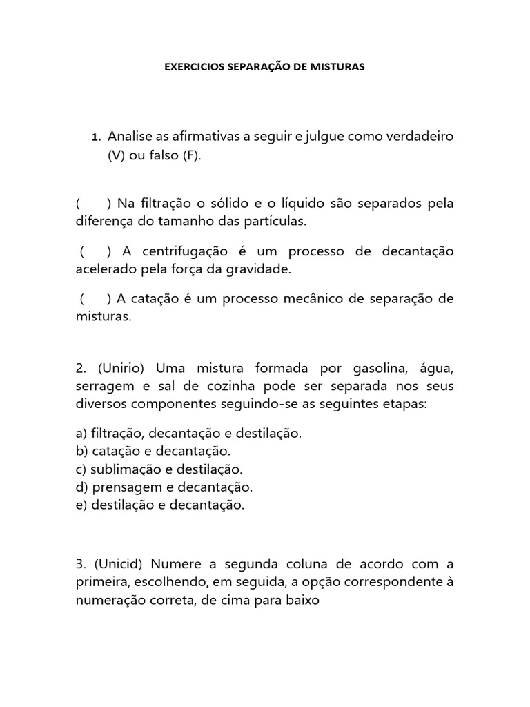 Exercícios sobre Separação de Misturas | PDF