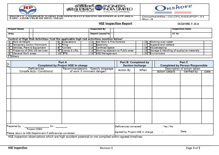 Occpl-h-f-25 a - Hse Inspection Report- By Hseo- Vrmp | PDF | Safety