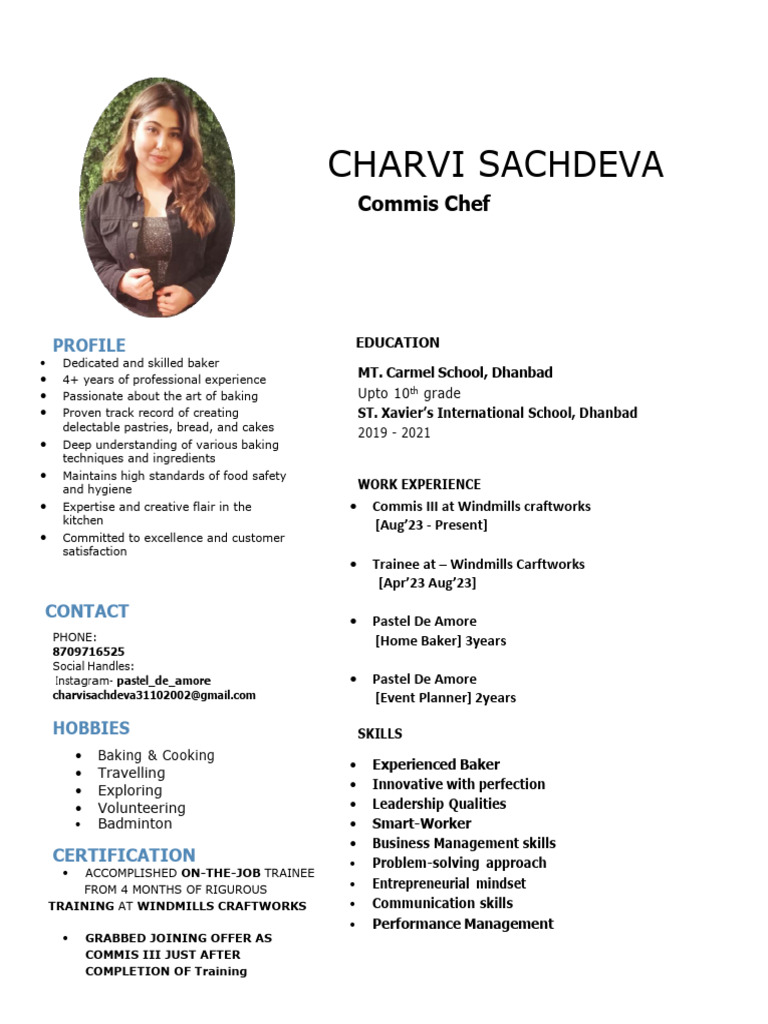 Commis Chef Profile: Charvi Sachdeva | PDF