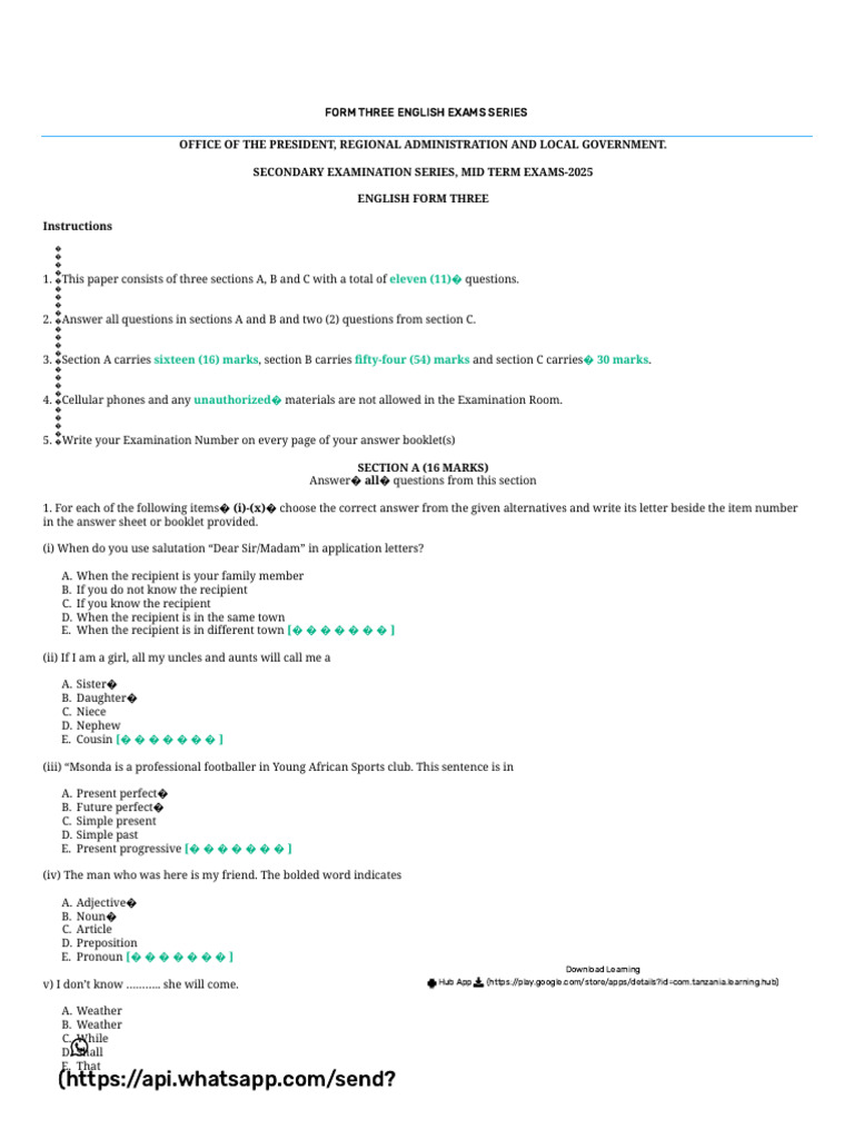 Form Three English Exam 2025 Guide | PDF | Verb | Poetry