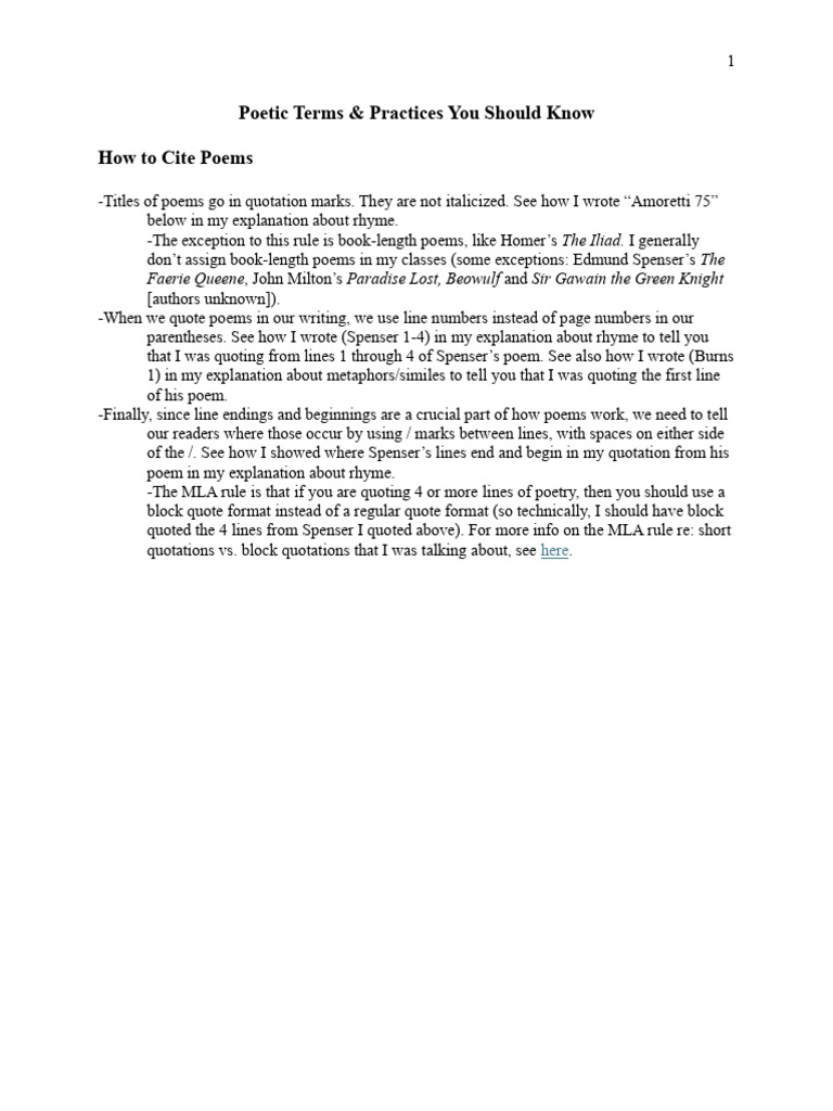 Essential Poetic Terms and Citation Guide | PDF | Metre (Poetry) | Poetry