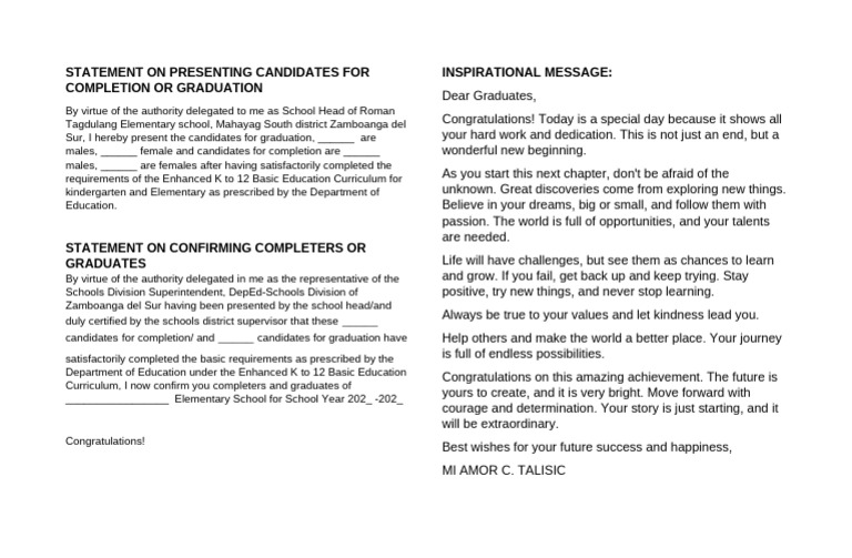 Statement On Presenting Candidates For Completion or Graduation | PDF
