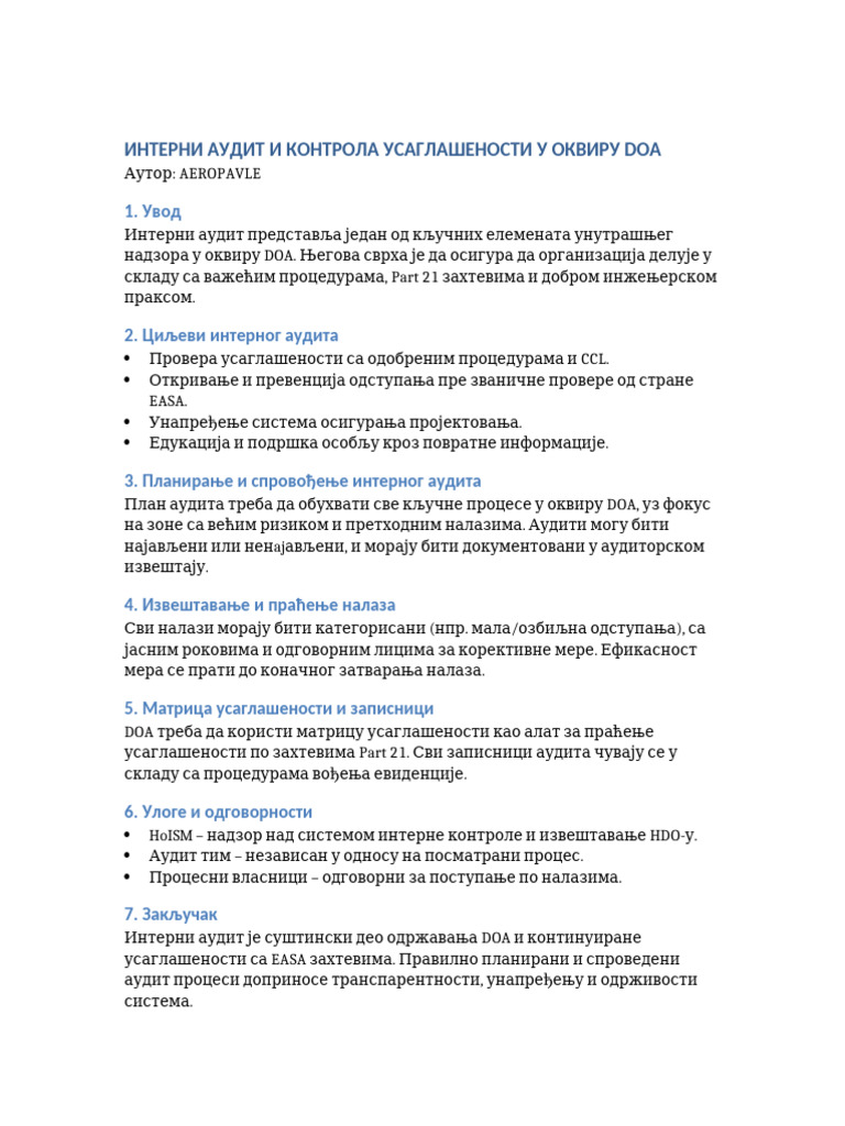Interni Audit I Kontrola DOA AEROPAVLE | PDF