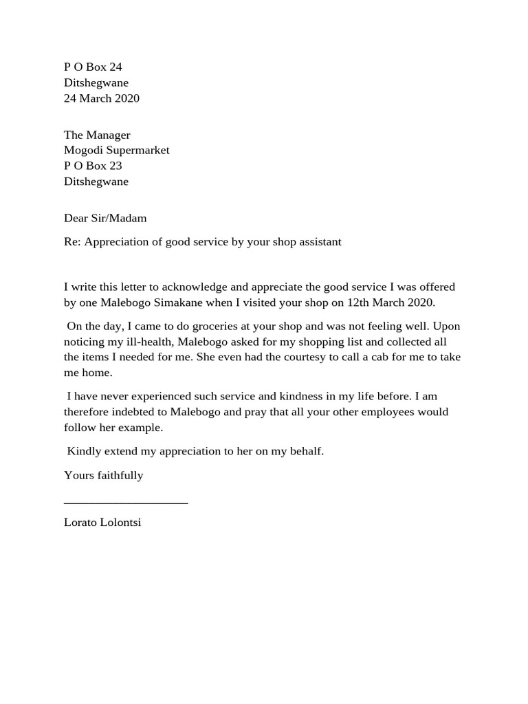 Appreciation Letter for Excellent Service | PDF